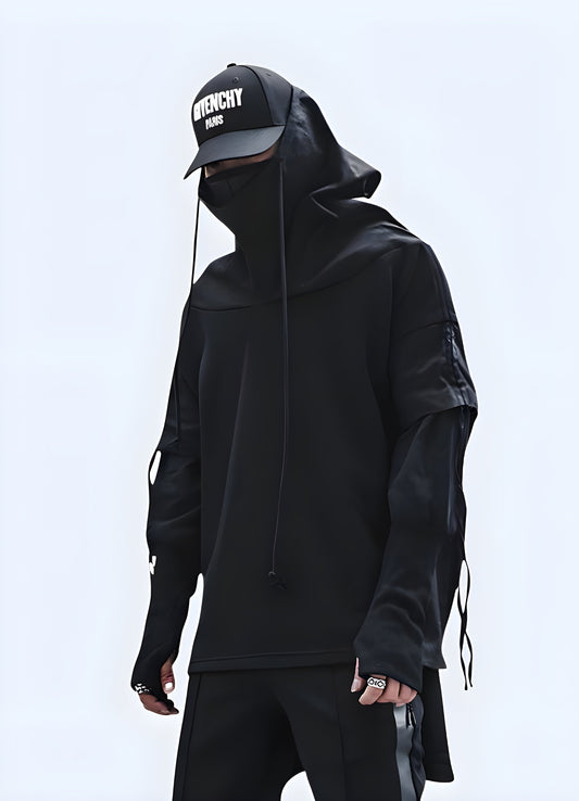 Sleek and modern techwear dark hoodie, perfect for urban fashion enthusiasts in the Canada.