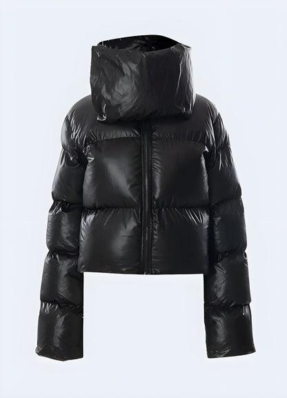 Front view of a techwear down puffer jacket for women, emphasizing its premium construction and stylish aesthetics for the Canada urban landscape.