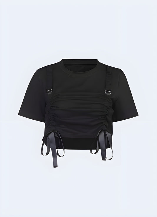 Techwear drawstring crop top, combining style and functionality for urban fashion in Canada.