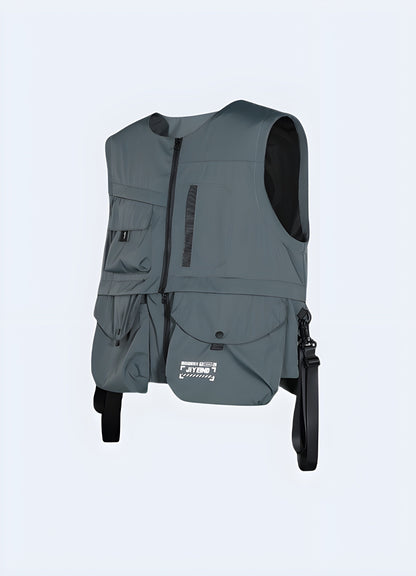 Front view of a techwear functional vest with multiple pockets, designed for practicality and style, available in Canada.