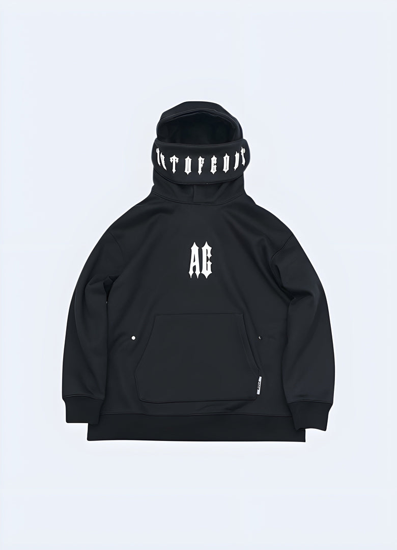 Black techwear goth hoodie in front view, highlighting its dark and stylish design available in Canada.
