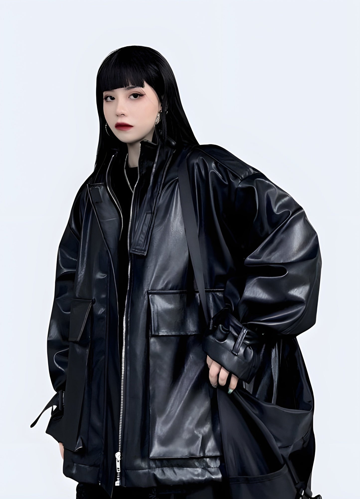 Edgy techwear gothic leather jacket, combining modern technology with a dark, mysterious aesthetic for women in the Canada.