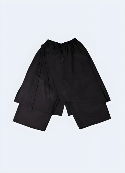 Front view of cutting-edge techwear hakama pants showcasing their unique silhouette and modern functionality, perfect for style-conscious individuals in Canada.