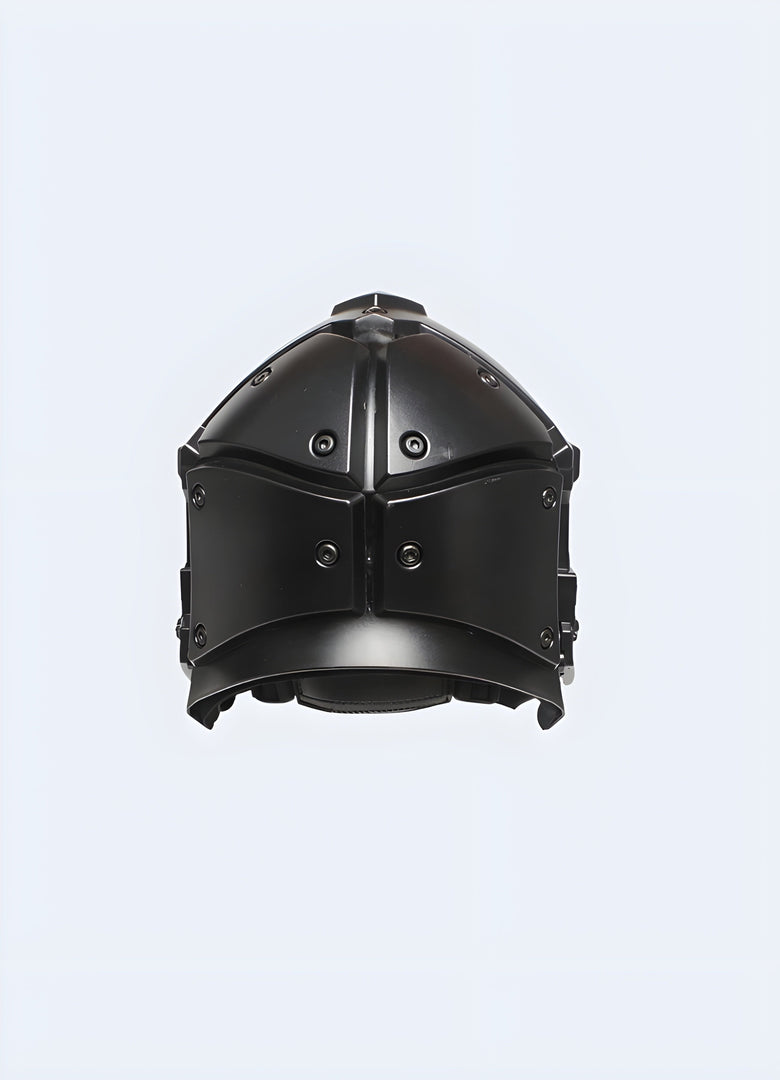Front back, and views of a black techwear helmet with modern aesthetics Canada.