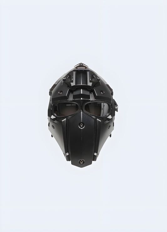 Black techwear helmet with futuristic design and sleek visor Canada.