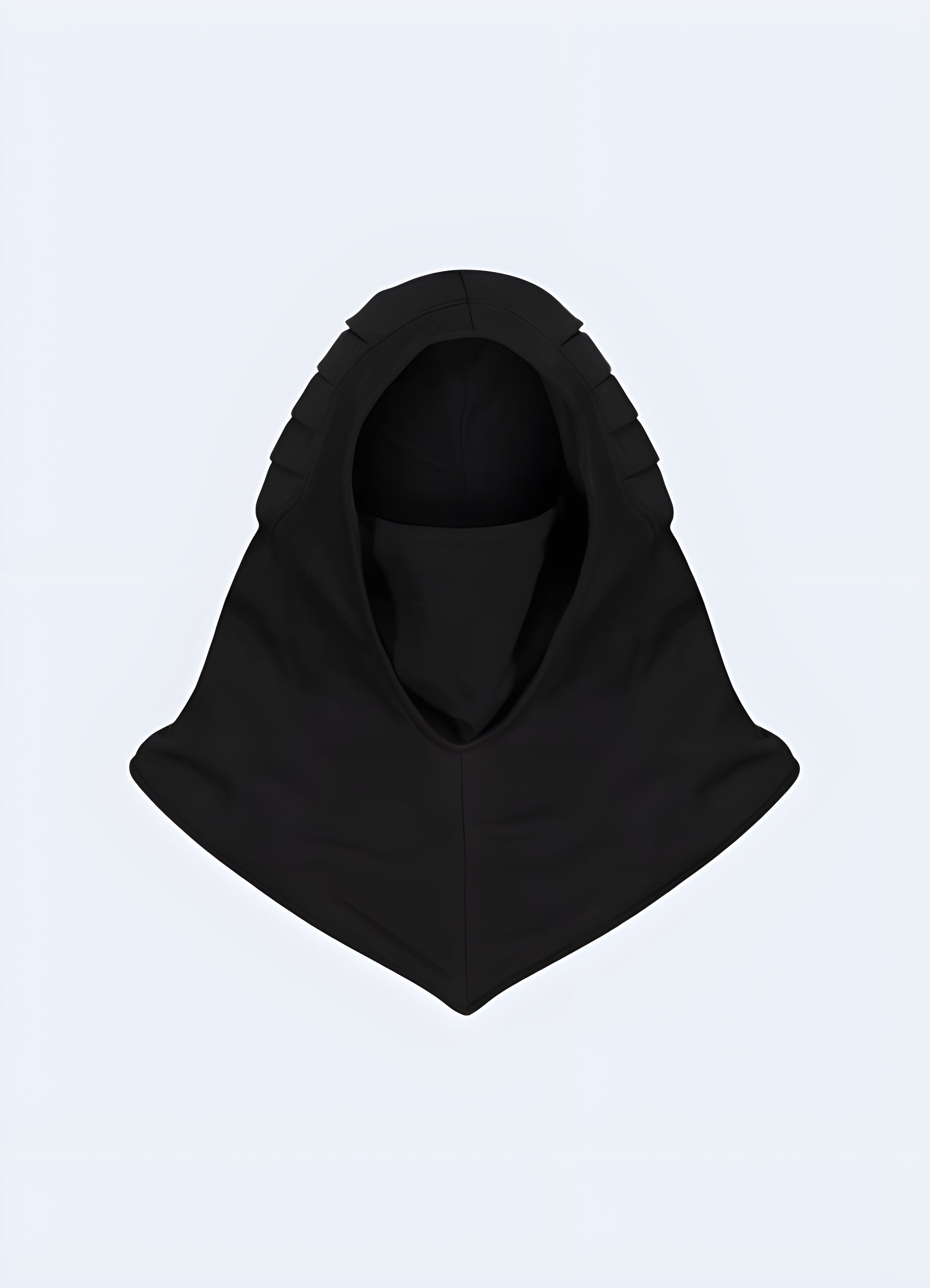 Front view of a person in a black techwear hood featuring multiple adjustable straps and a built-in face mask, ideal for urban exploration or streetwear style.