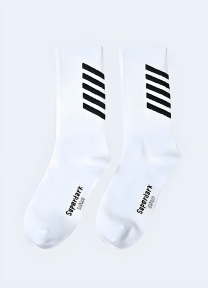 White techwear-inspired streetwear socks with distinctive patterns and high-quality materials, perfect for Canada fashion enthusiasts.