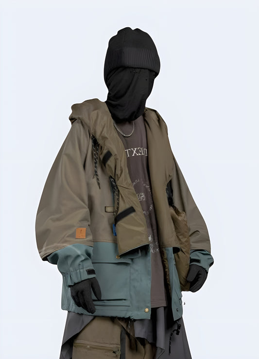 Stylish khaki green techwear jacket with rolled collar, perfect for urban exploration and outdoor adventures in Canada