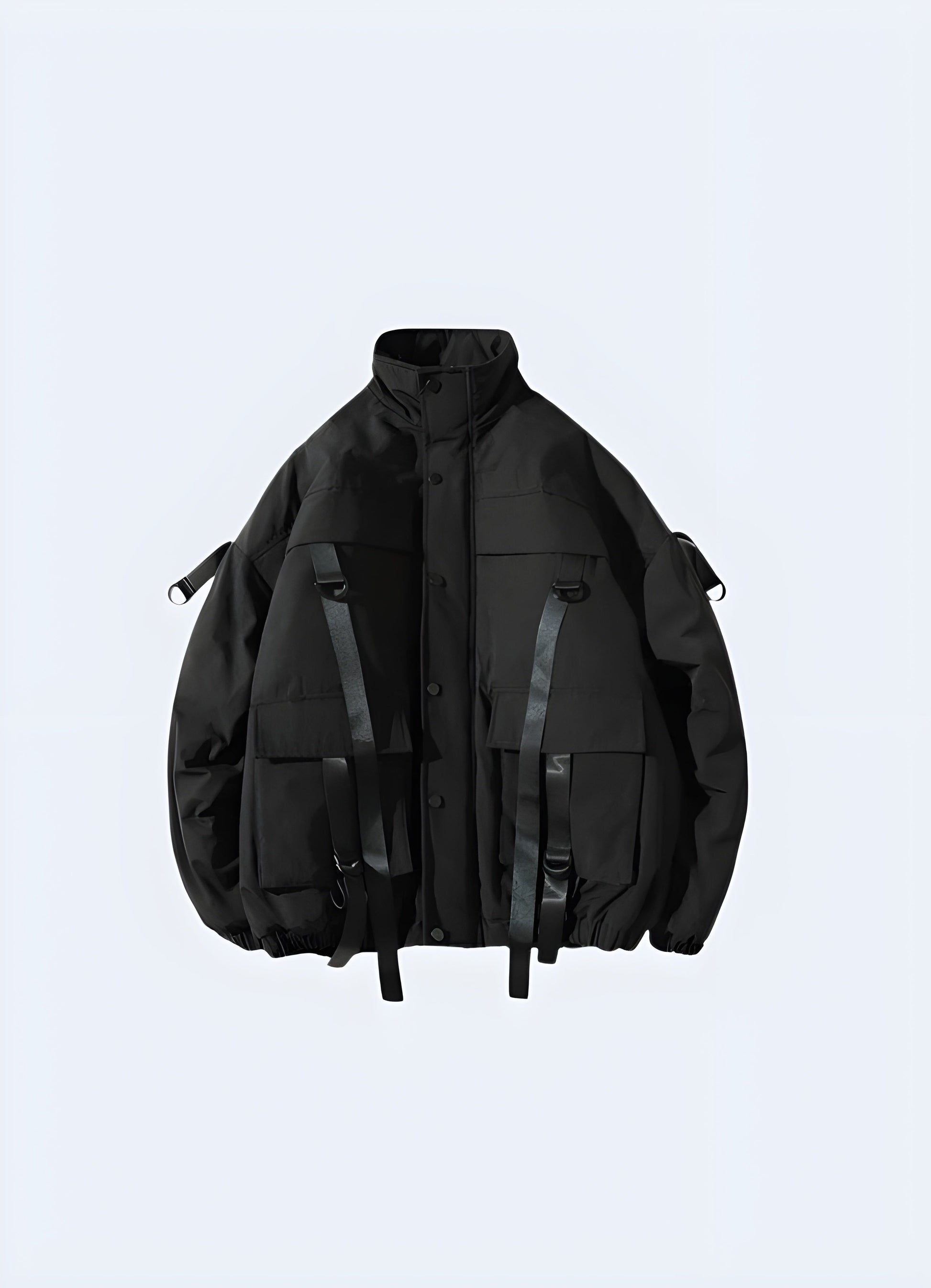 Front view of a cutting-edge techwear jacket featuring adjustable straps and multiple utility pockets, designed for functionality and style in Canada's urban landscapes.