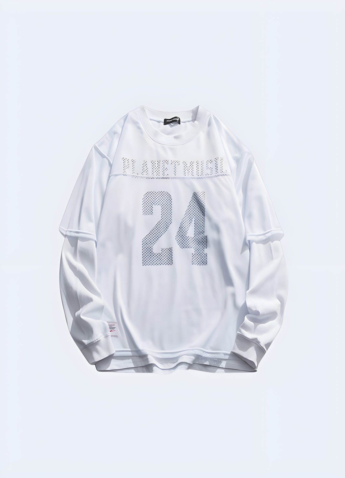 Front view of a white techwear jersey, blending minimalist design with high functionality. Ideal for fashion-forward individuals seeking versatility.