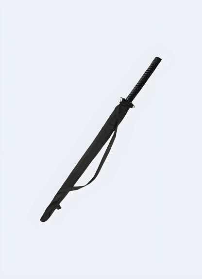 Techwear katana umbrella with a handle resembling a samurai sword, available in the Canada.