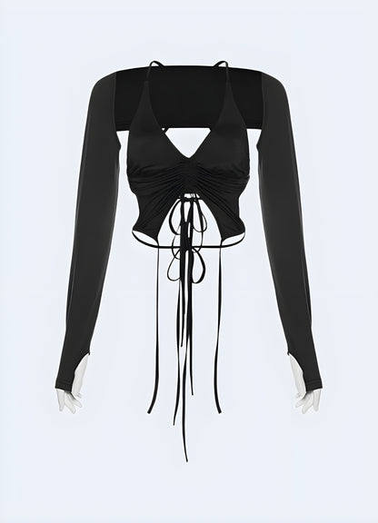 Stylish techwear lace-up crop top, designed for a modern and edgy look, available in Canada.