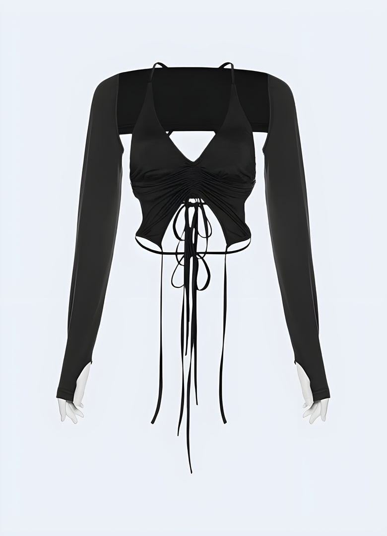 Stylish techwear lace-up crop top, designed for a modern and edgy look, available in Canada.