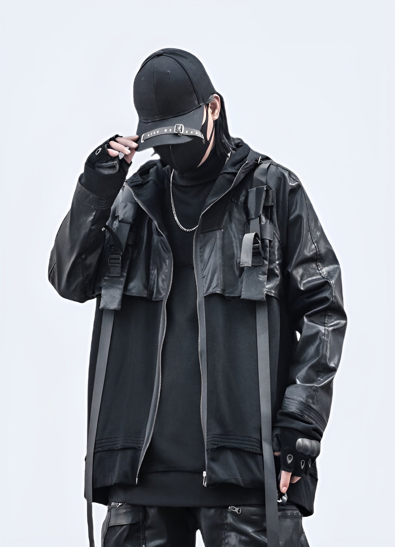 Techwear leather jacket combining durability and style, perfect for urban exploration and fashion-forward individuals in Canada.