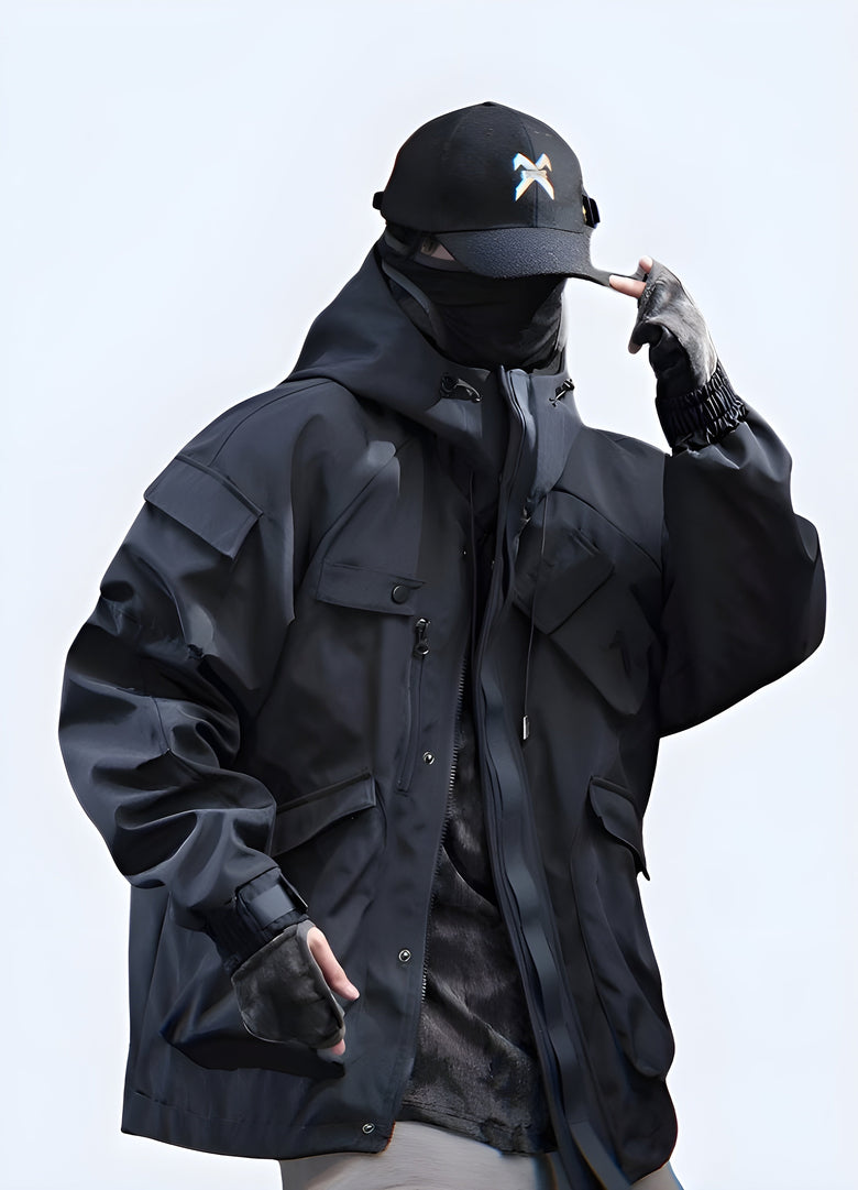 Side view of a storm techwear jacket, offering a cruelty-free and sustainable alternative without compromising on style and performance in the Canada.