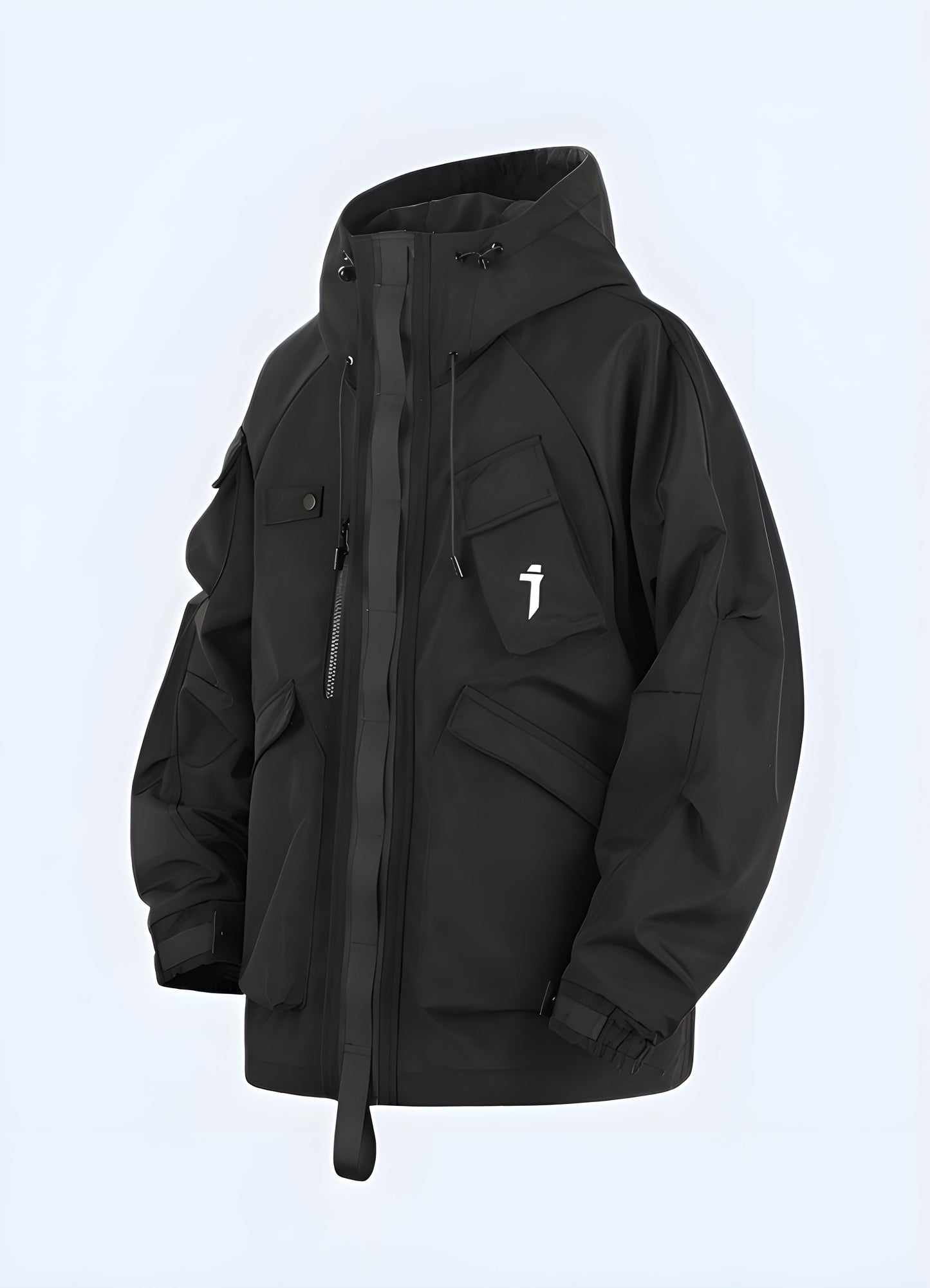 Front view of a sleek techwear leather jacket with asymmetric zipper and multiple utility pockets, designed for functionality and fashion in Canadian cities.
