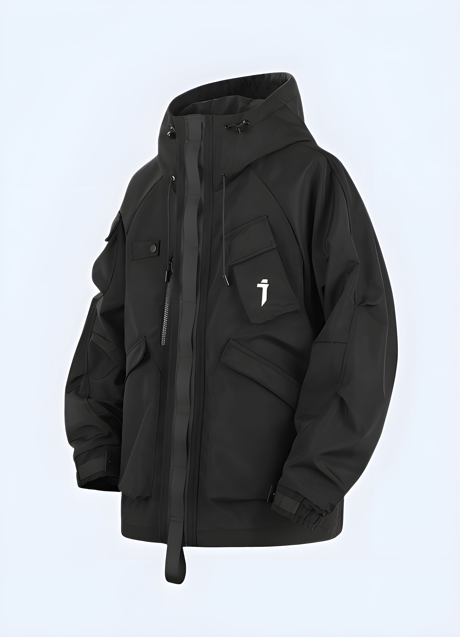 Front view of a sleek techwear leather jacket with asymmetric zipper and multiple utility pockets, designed for functionality and fashion in Canadian cities.
