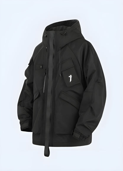 Front view of a sleek techwear leather jacket with asymmetric zipper and multiple utility pockets, designed for functionality and fashion in Canadian cities.
