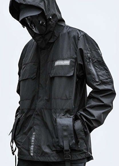 Side view of a faux leather techwear jacket, offering a cruelty-free and sustainable alternative without compromising on style and performance in the Canada.