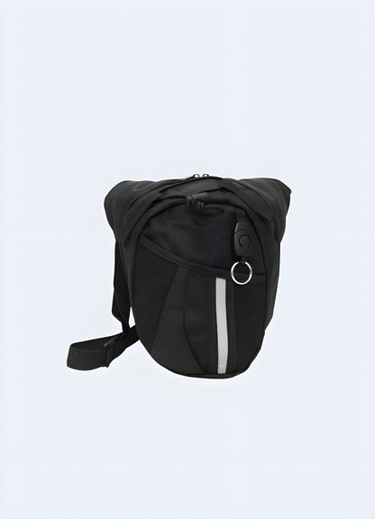 Techwear leg bag, front view, highlighting its practical features and sleek style Canada.