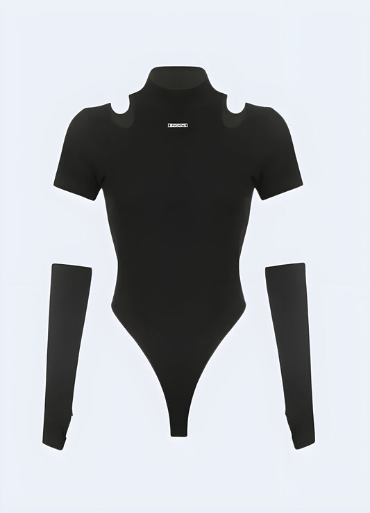 Innovative black techwear leotard with unique design features, ideal for Canada fashion enthusiasts seeking cutting-edge urban wear.