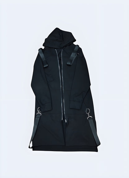 Front view of a techwear long cloak with straps featuring a sleek and modern design, ideal for those who appreciate the fusion of science fiction and fashion in the Canada.