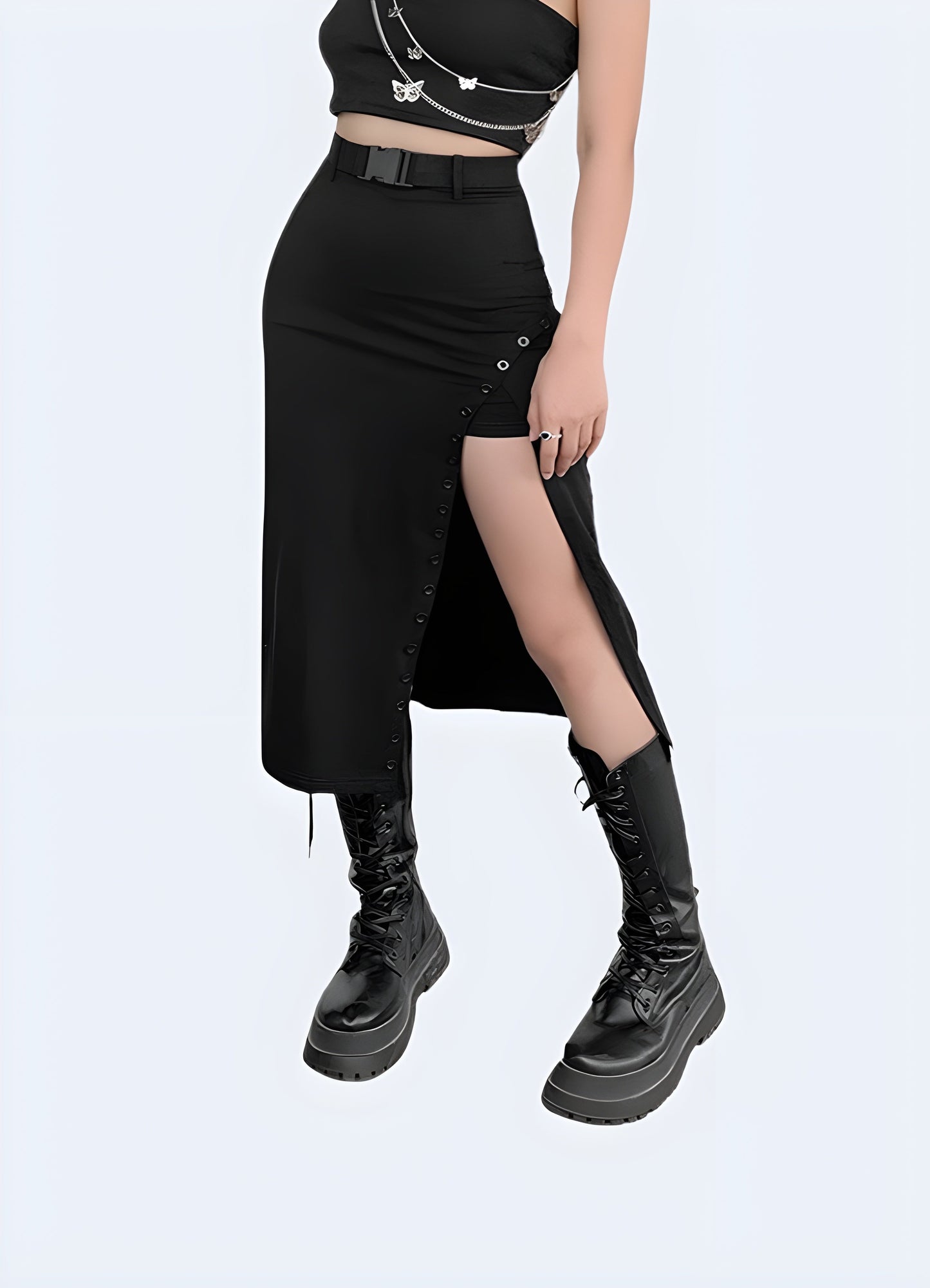 Front view of a techwear long skirt for women, highlighting its sleek silhouette and practical features for a fashionable and functional outfit in the Canada techwear scene.