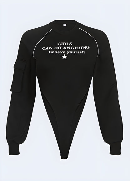 Innovative black techwear long-sleeve bodysuit, perfect for Canada urban explorers seeking stylish and functional apparel.