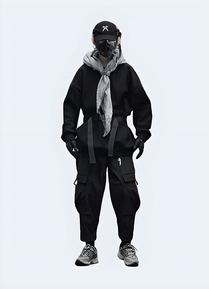 Front view Techwear ninja pants offering a blend of urban style and modern functionality, now available in Canada.