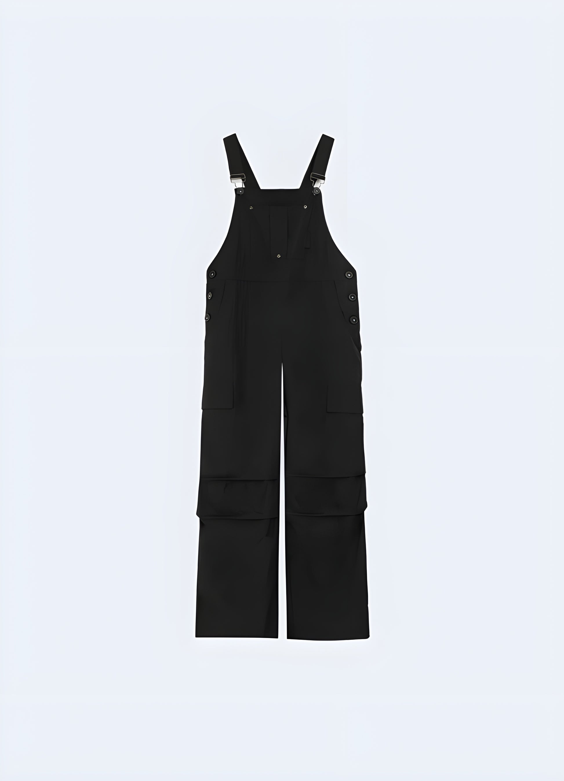 Modern black techwear overalls featuring a streamlined design with cargo pockets and strap accents, ideal for urban wear in Canada.