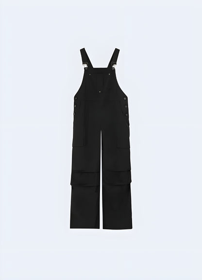 Modern black techwear overalls featuring a streamlined design with cargo pockets and strap accents, ideal for urban wear in Canada.