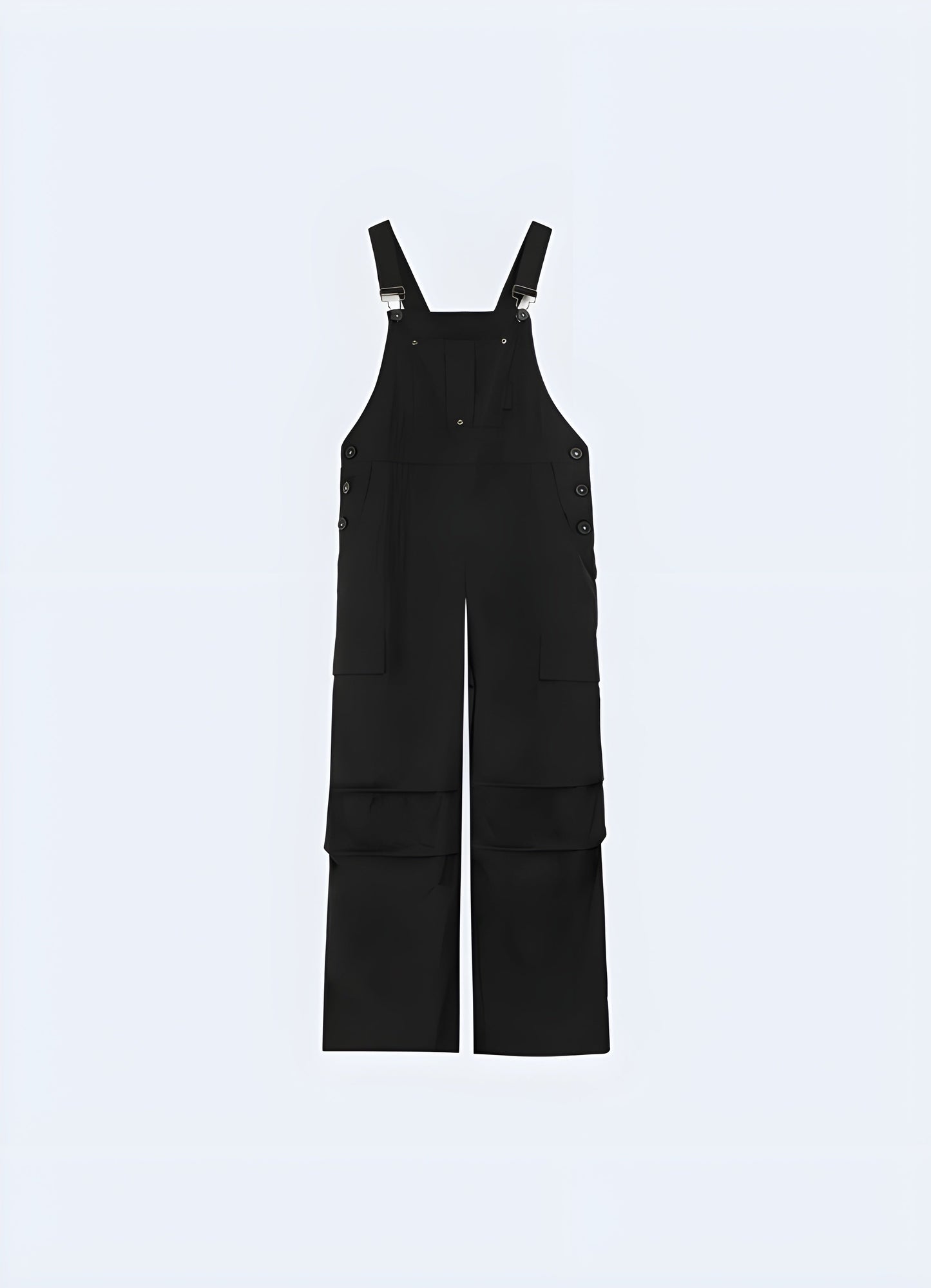 Modern black techwear overalls featuring a streamlined design with cargo pockets and strap accents, ideal for urban wear in Canada.