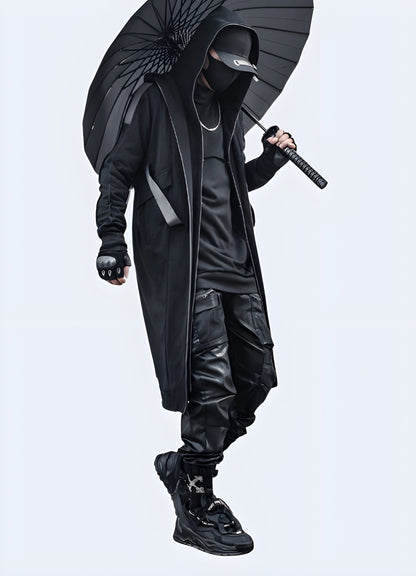 Side view of a sophisticated techwear overcoat, combining elegance and technical performance for fashion-forward individuals in the Canada.