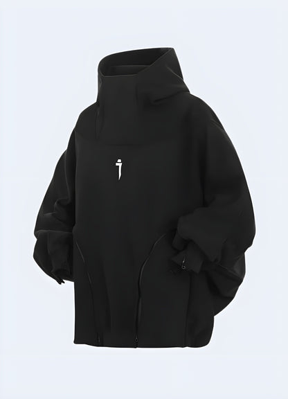 Front view of a techwear oversized women's hoodie, featuring a contemporary design and cozy fit, perfect for the Canada market.