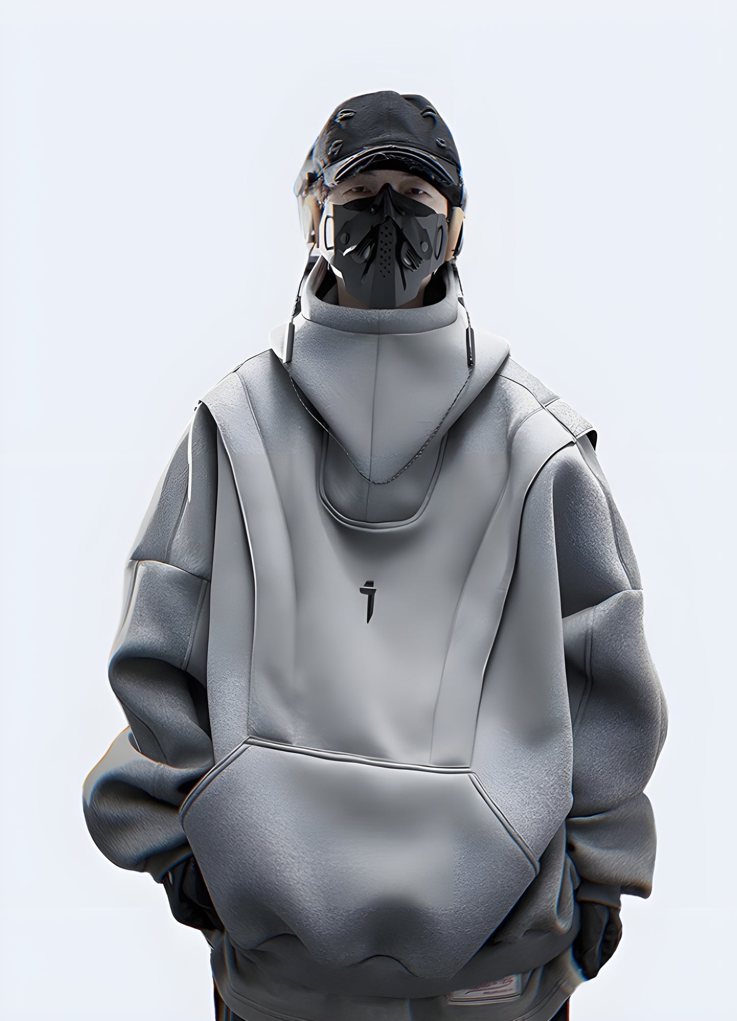 Front view of a woman wearing an oversized grey techwear hoodie in the Canada.