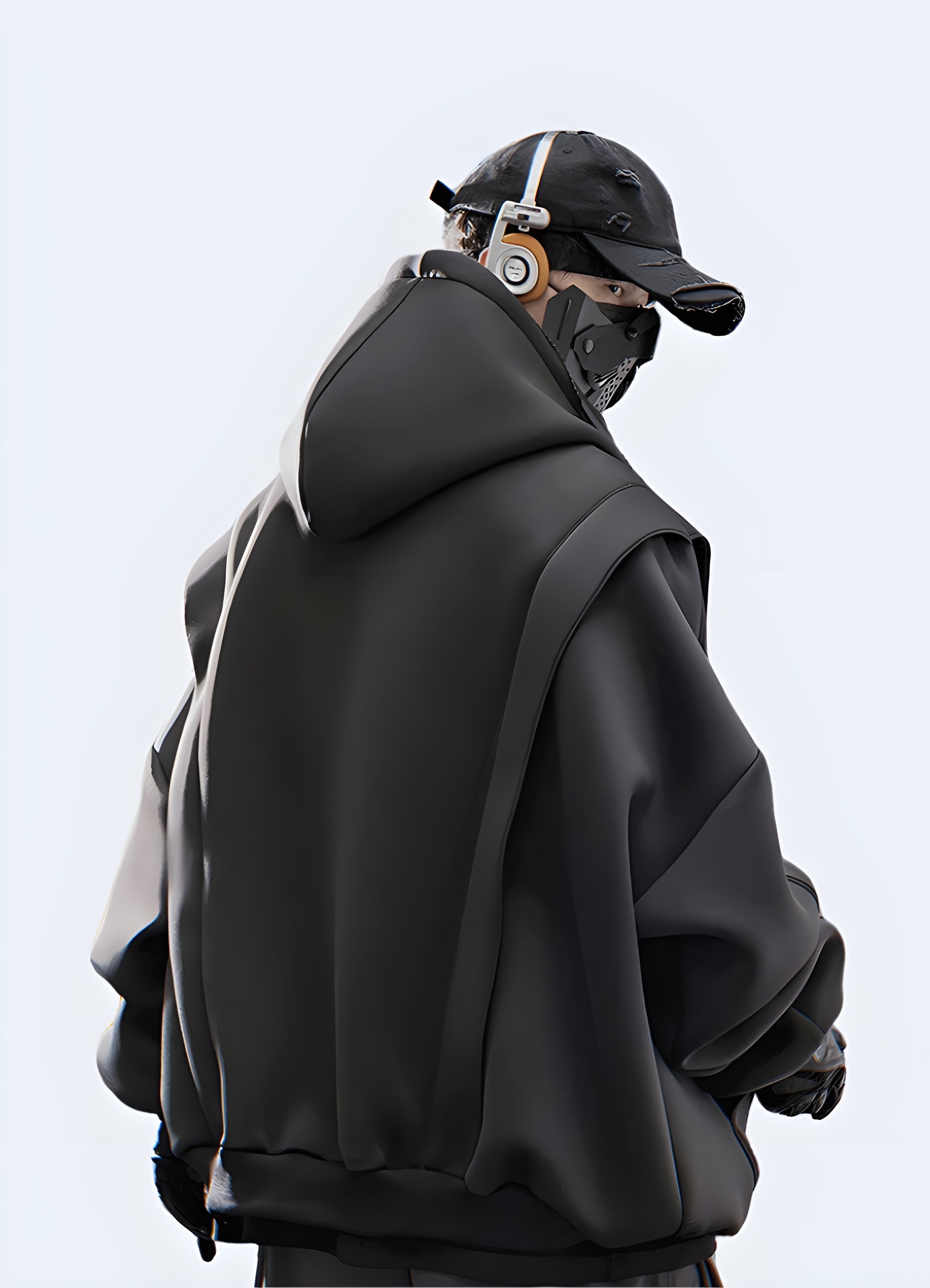 Right back view of a techwear oversized women's hoodie, showcasing its unique fit and design, ideal for the Canada fashion scene.