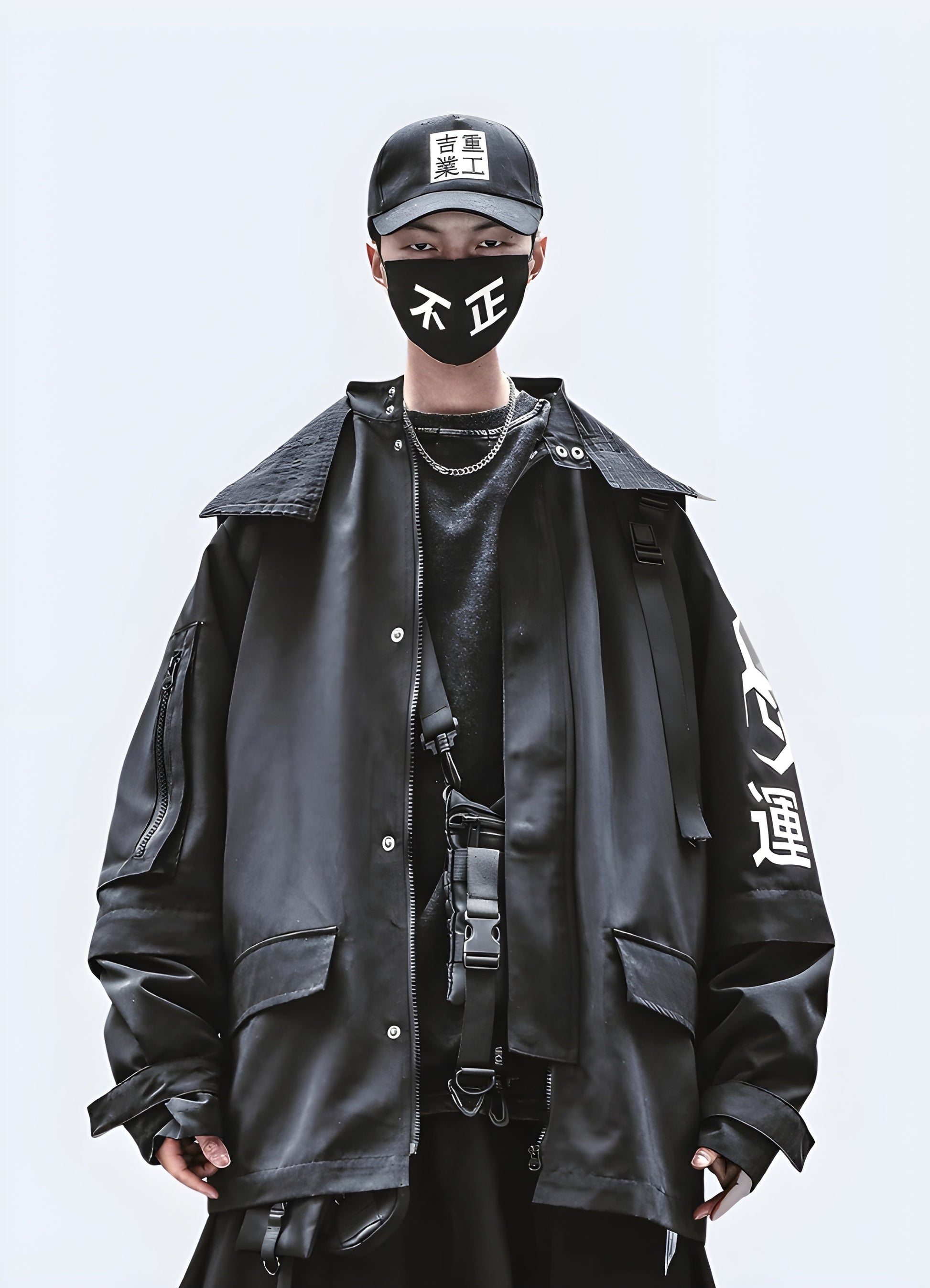 Techwear oversized jacket with a bold, futuristic design and functional features, crafted for urban exploration and everyday wear in Canada's dynamic environments.