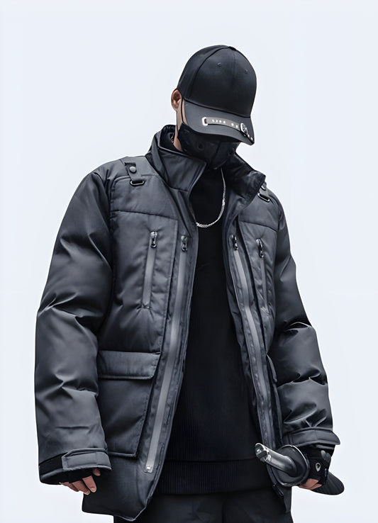 Innovative techwear padded jacket, engineered for optimal warmth and style in Canada's urban landscapes.