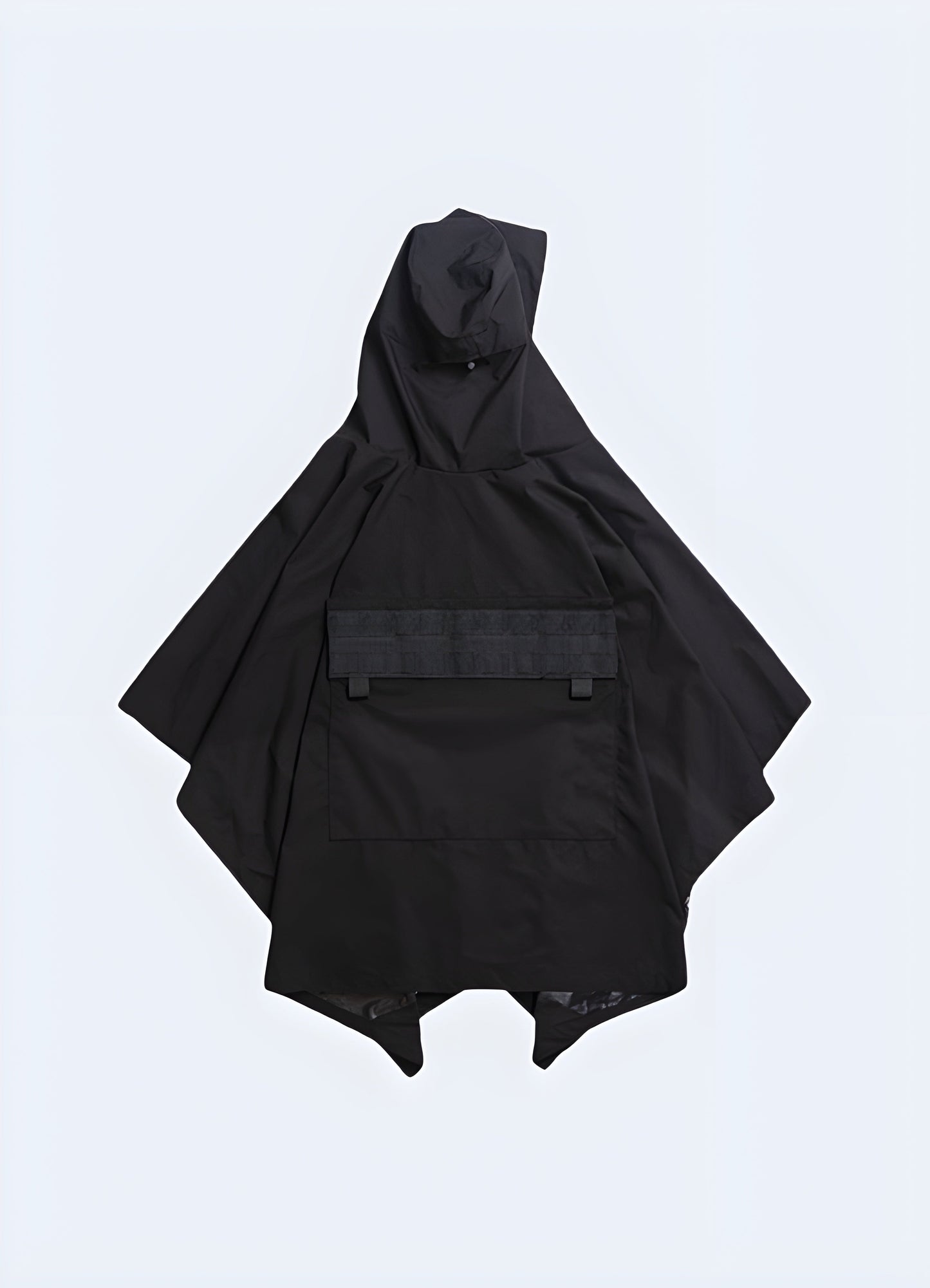 Back view of a techwear poncho, highlighting the waterproof and breathable materials, ideal for staying protected and stylish in the Canada weather.