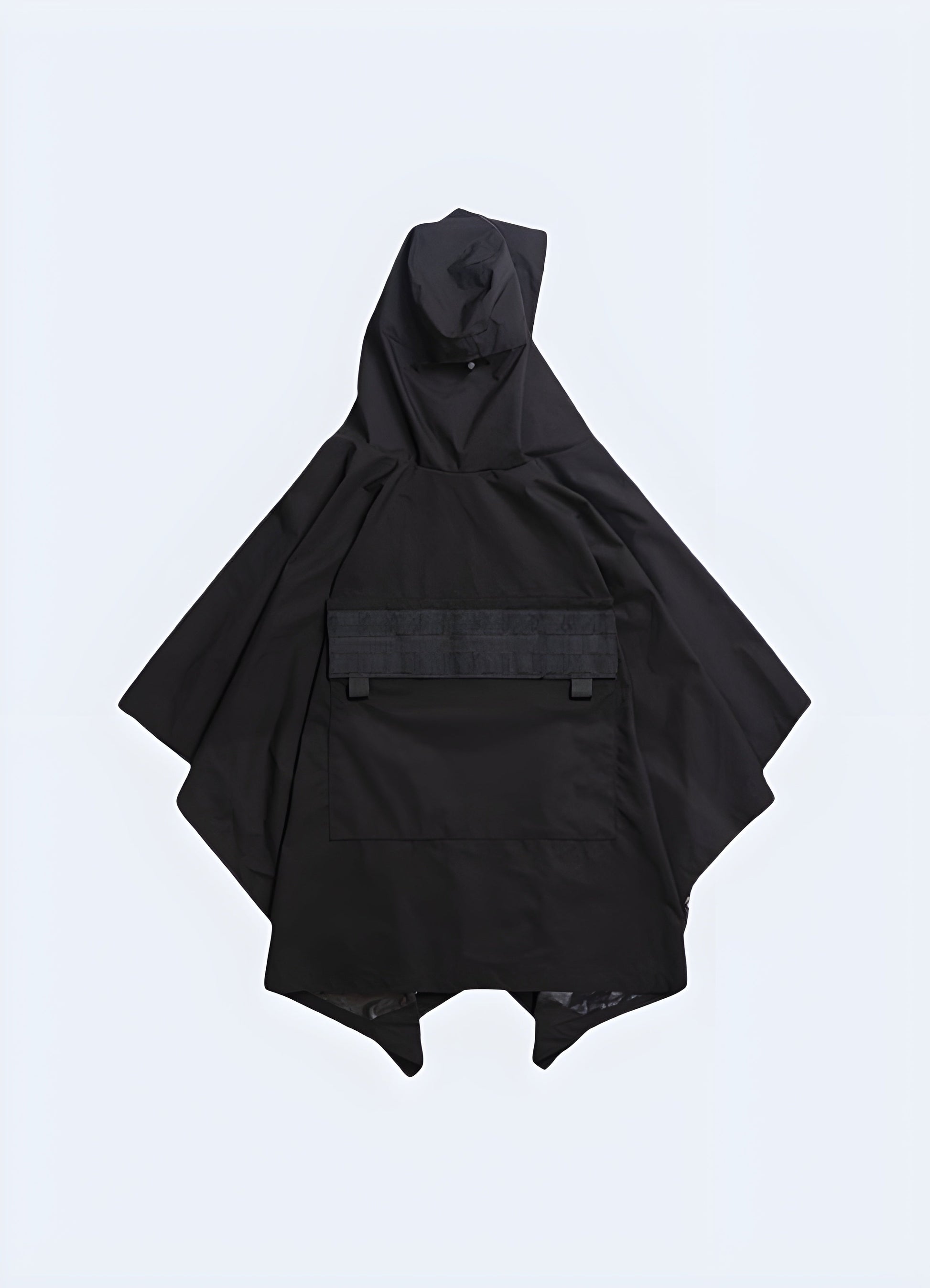 Back view of a techwear poncho, highlighting the waterproof and breathable materials, ideal for staying protected and stylish in the Canada weather.