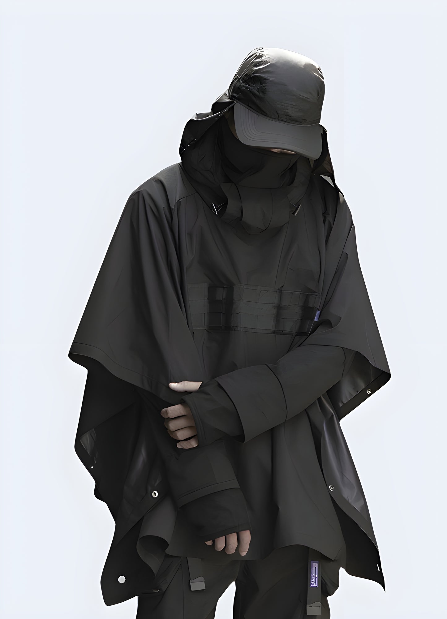 A person wearing a stylish black techwear poncho in a forest setting in Canada, showcasing the garment's functionality and versatility for outdoor adventures.