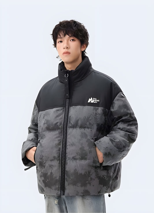 Techwear puffer jacket designed for warmth and style, featuring a sleek black exterior and functional details, perfect for Canada's cold weather.