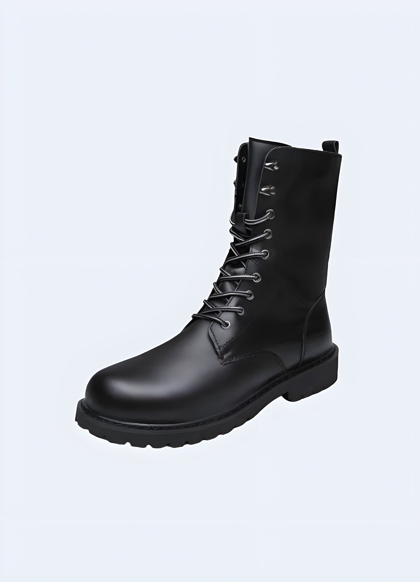 Front side view of techwear punk black leather boot, showcasing their rebellious design and high-quality craftsmanship, ideal for Canada punk and rock enthusiasts.