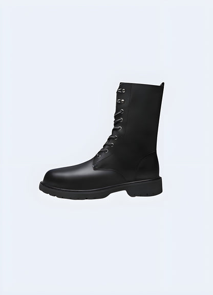 Edgy techwear punk black leather boot, perfect for making a bold fashion statement and expressing individual style in the Canada alternative scene.