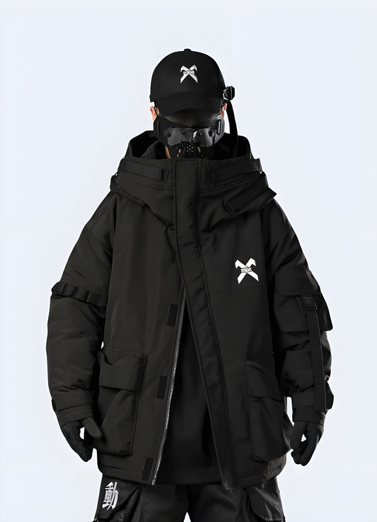 Water-resistant techwear raincoat with advanced fabric technology, designed to keep you dry and comfortable during Canada's rainy seasons while maintaining a modern, urban style.