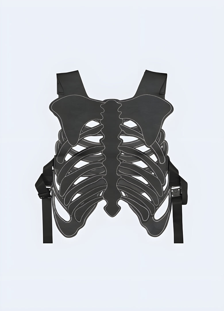 Techwear ribcage vest, back view, highlighting detailed craftsmanship and unique styling, available in Canada.