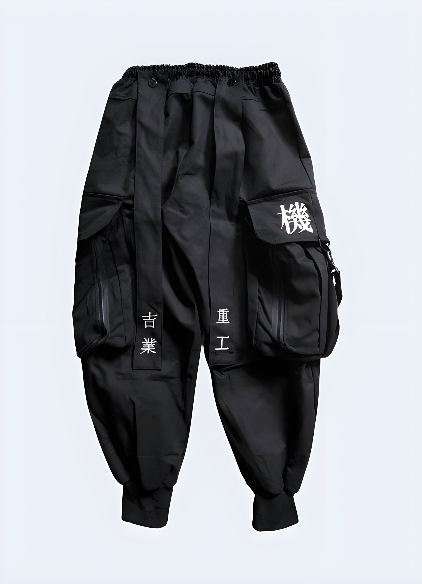 Front view of futuristic techwear samurai pants in Canada, showcasing their unique design and advanced materials that offer both style and performance in urban environments.