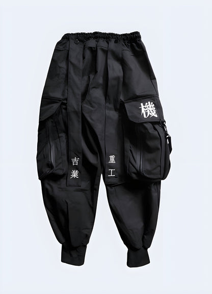 Front view of futuristic techwear samurai pants in Canada, showcasing their unique design and advanced materials that offer both style and performance in urban environments.