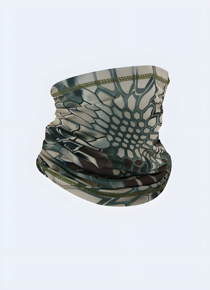 A unique green techwear scarf displayed in a front view, featuring intricate patterns and a contemporary look in the Canada.