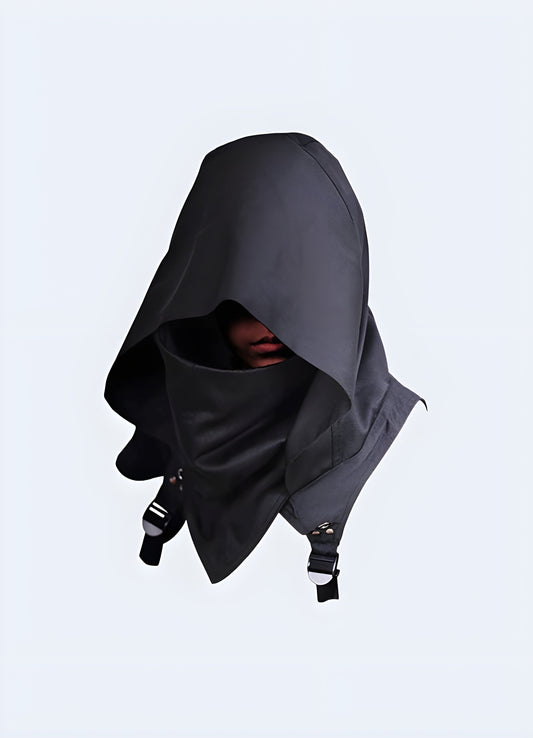 A black techwear scarf with a hood, perfect for adding a futuristic edge to your outfit in the Canada.